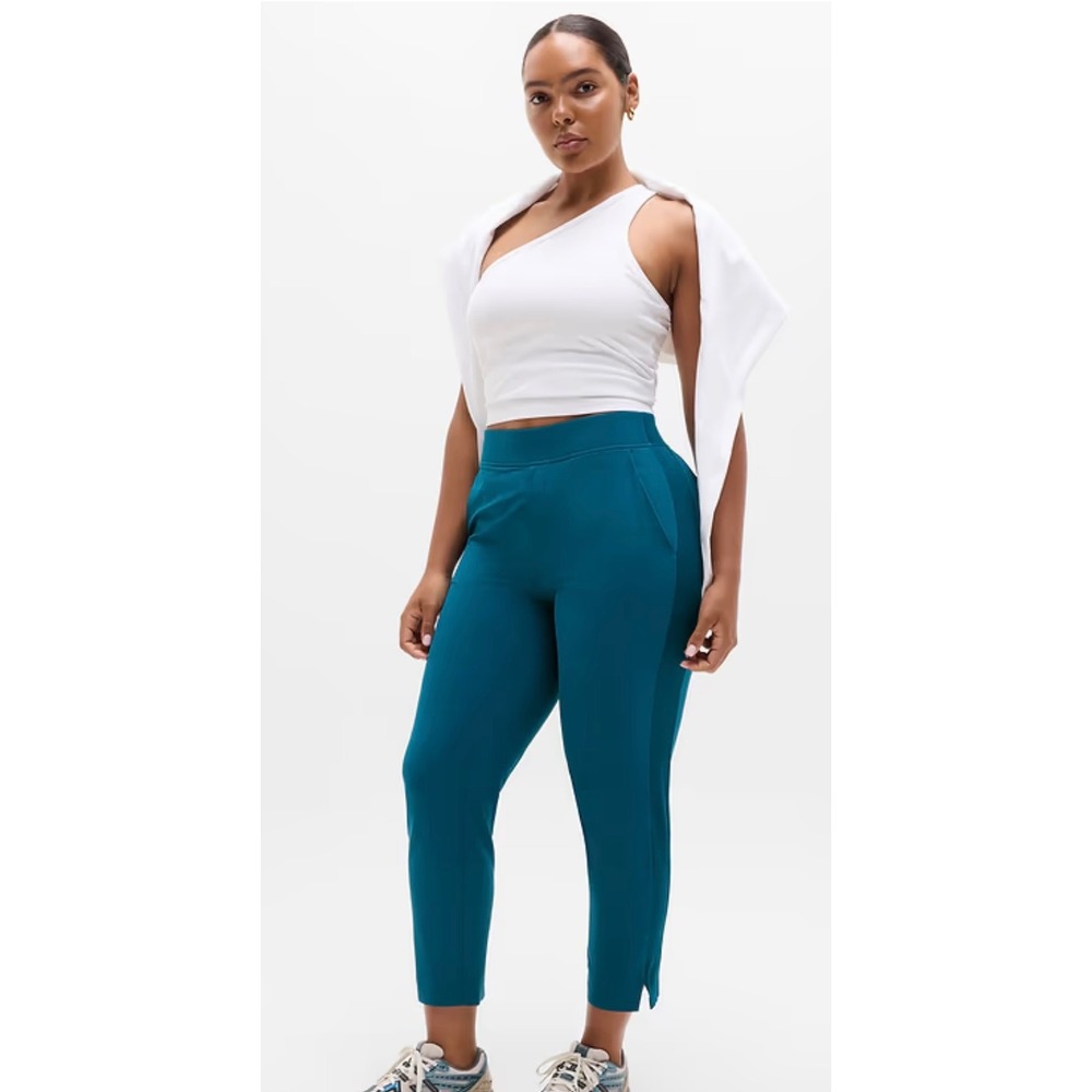 Athleta Brooklyn Ankle Pants Teal Ribbed Trim Plus Size 22 High Rise Pockets